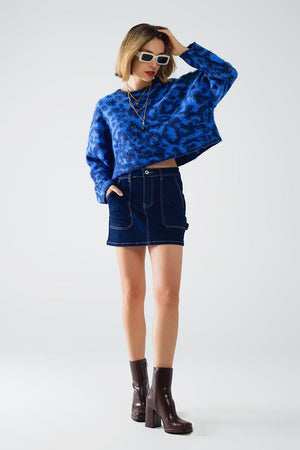 Q2 Women's Sweater One Size / Blue Blue Leopard Print Sweater Made Of Knitted Fabric With Wool