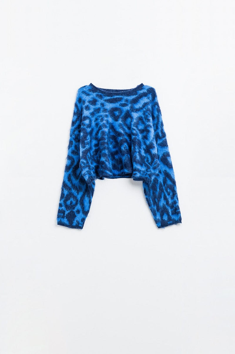 Q2 Women's Sweater One Size / Blue Blue Leopard Print Sweater Made Of Knitted Fabric With Wool