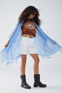 Q2 Women's Sweater One Size / Blue Blue Open Cardigan With Fringe Ends And 3/4 Sleeves