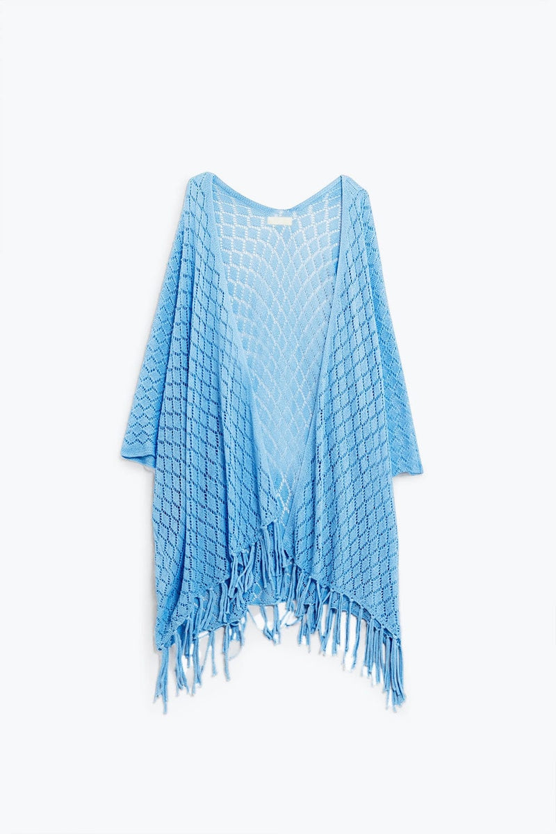 Q2 Women's Sweater One Size / Blue Blue Open Cardigan With Fringe Ends And 3/4 Sleeves