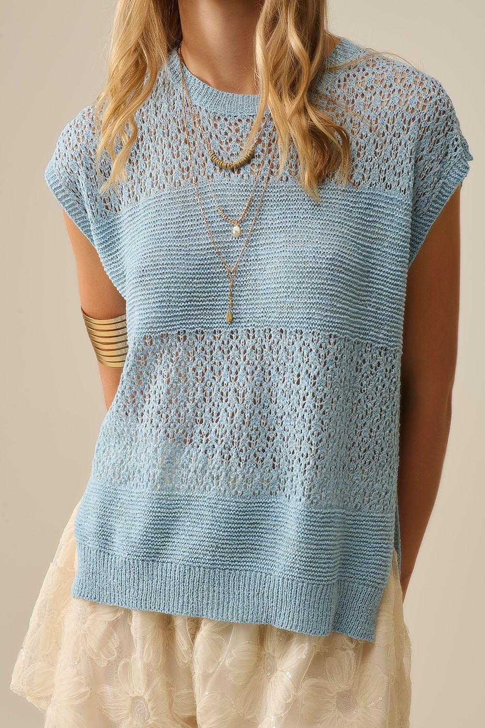 Q2 Women's Sweater One Size / Blue Blue Sweater With Soft Open Knit And Dropped Sleeves