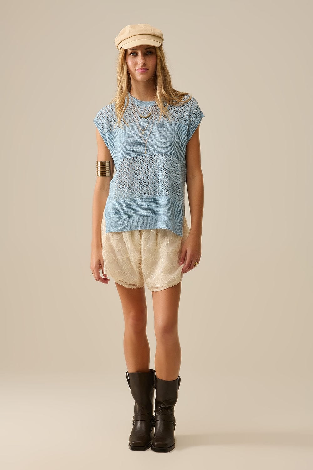 Q2 Women's Sweater One Size / Blue Blue Sweater With Soft Open Knit And Dropped Sleeves
