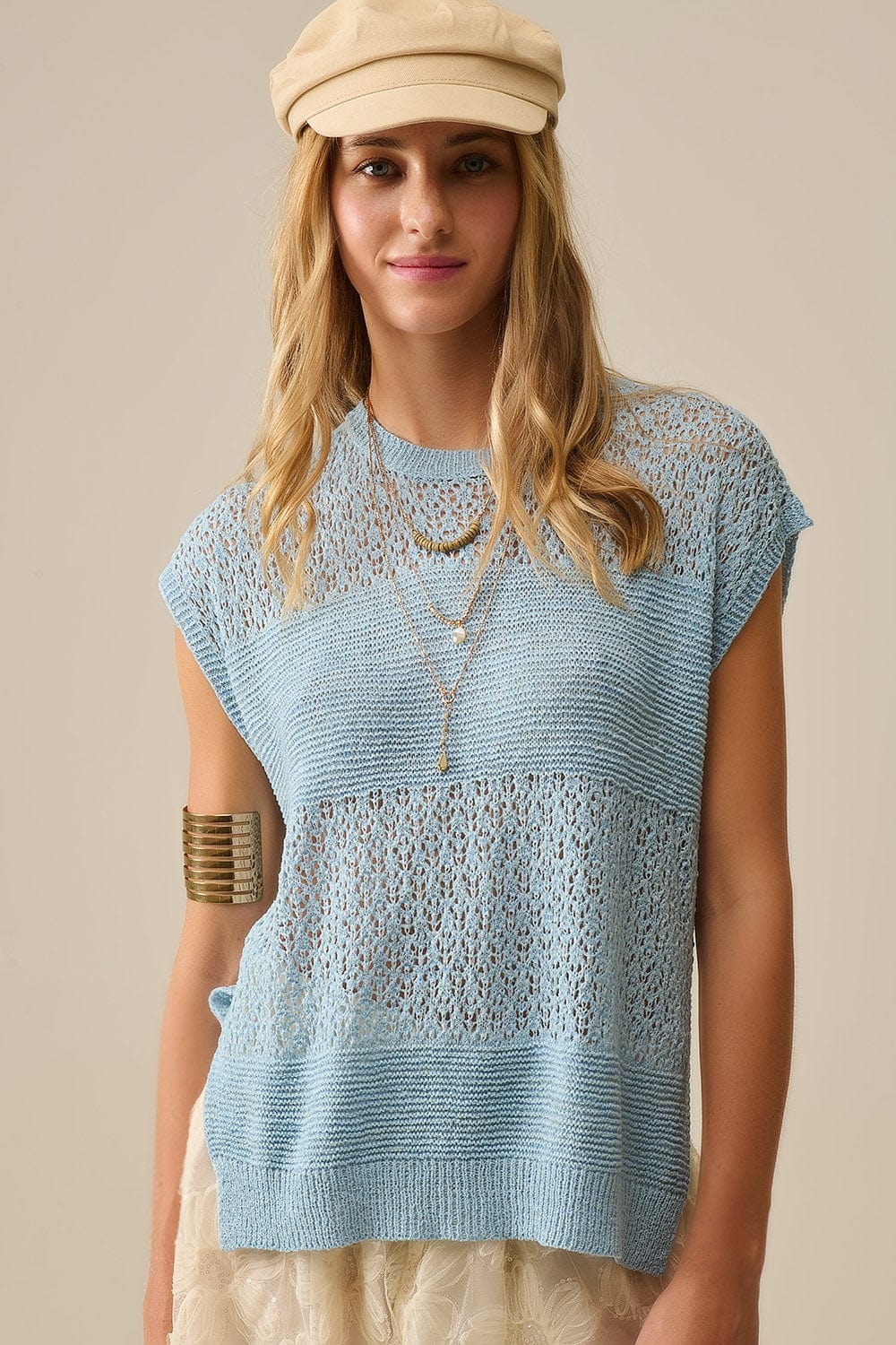 Q2 Women's Sweater One Size / Blue Blue Sweater With Soft Open Knit And Dropped Sleeves