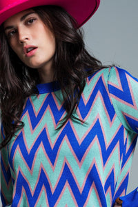 Q2 Women's Sweater One Size / Blue Blue Sweater With  Zig Zag Print In Blue With Pink Details