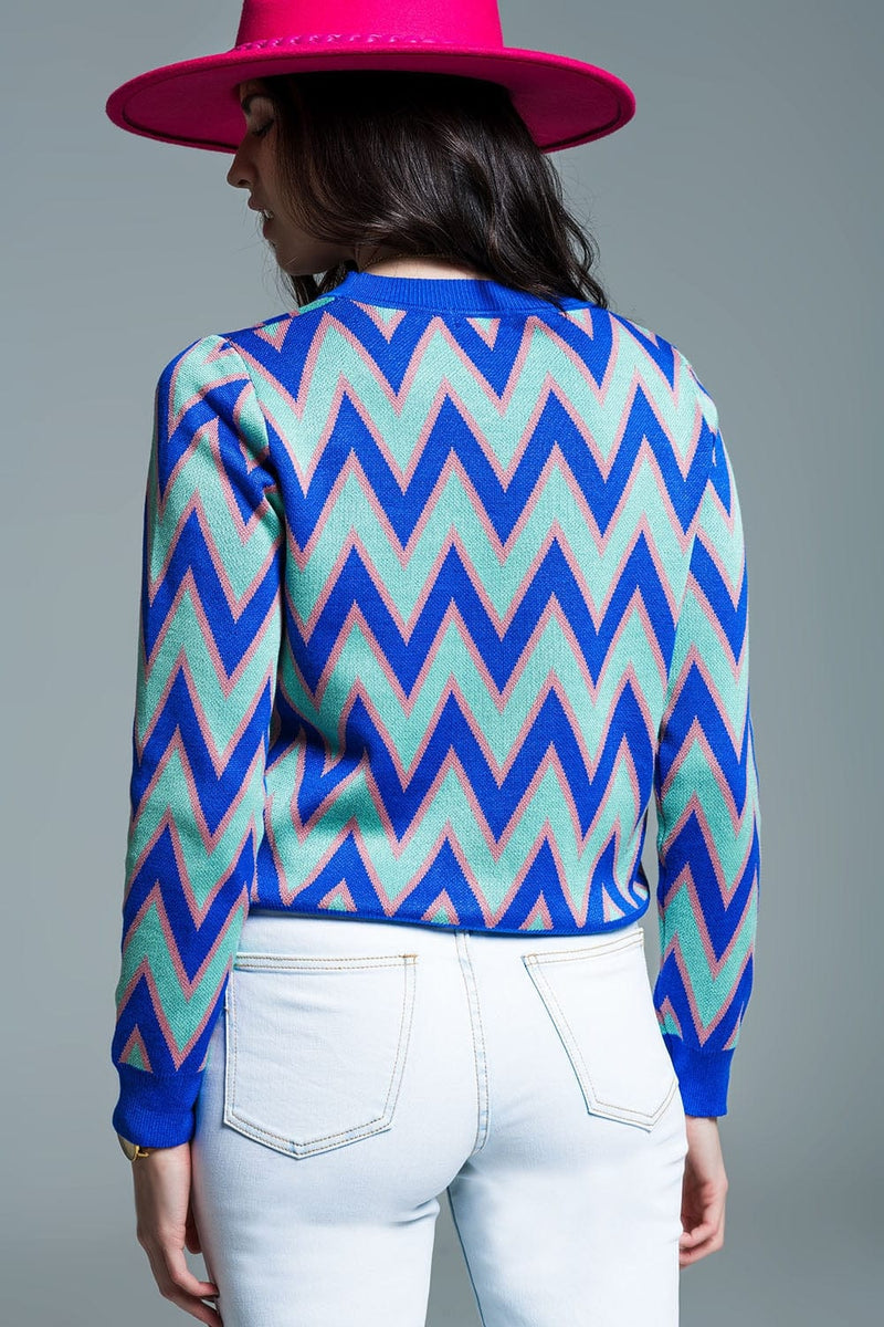 Q2 Women's Sweater One Size / Blue Blue Sweater With  Zig Zag Print In Blue With Pink Details