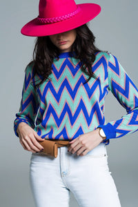 Q2 Women's Sweater One Size / Blue Blue Sweater With  Zig Zag Print In Blue With Pink Details