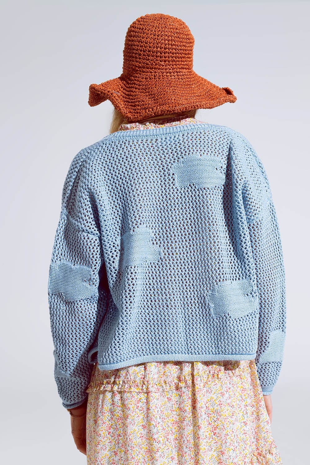 Q2 Women's Sweater One Size / Blue Crochet Cardigan With Knitted Clouds In Blue