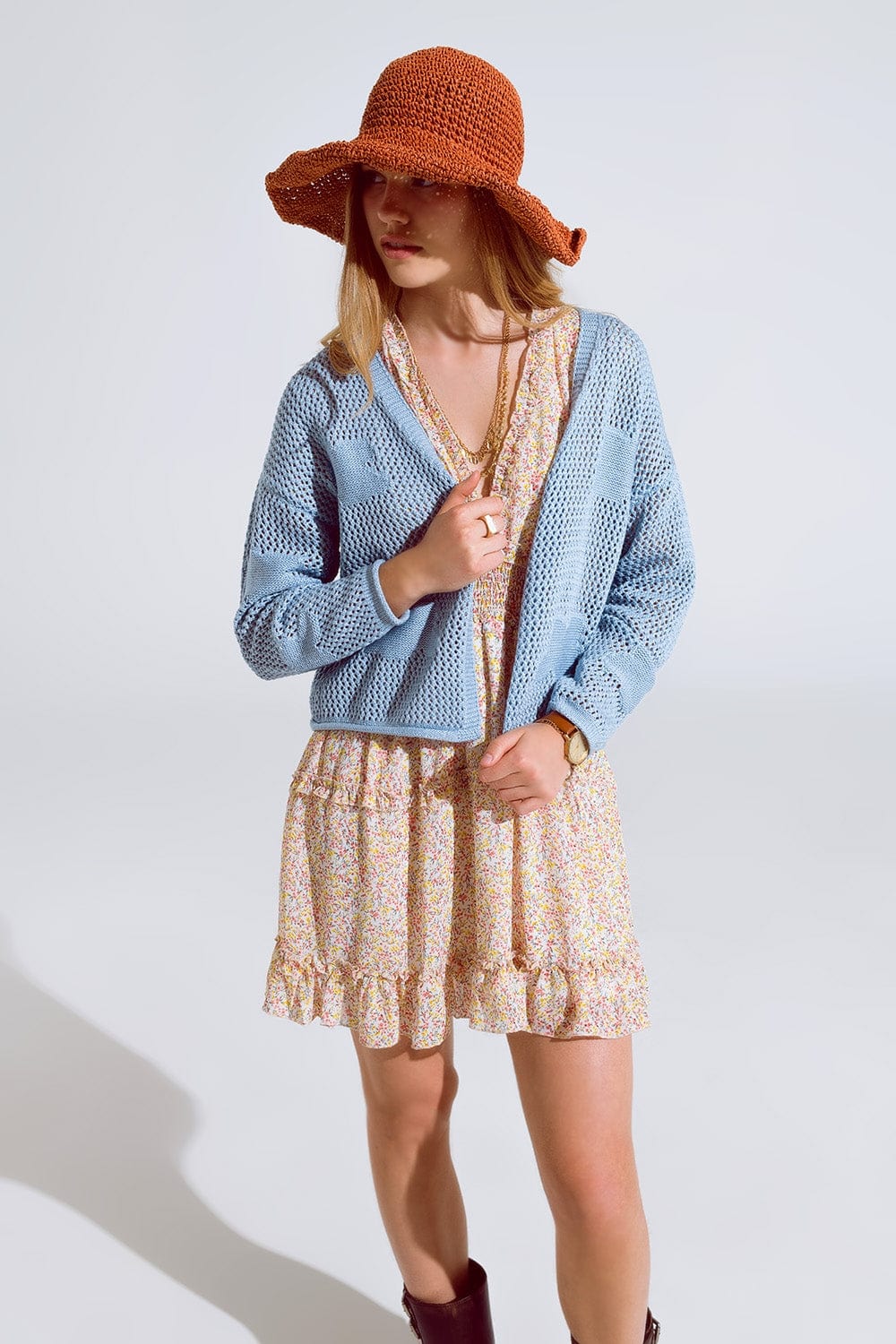 Q2 Women's Sweater One Size / Blue Crochet Cardigan With Knitted Clouds In Blue