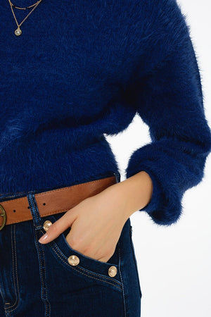 Q2 Women's Sweater One Size / Blue Cropped Fluffy Sweater In Navy Blue Fitted At The Waist