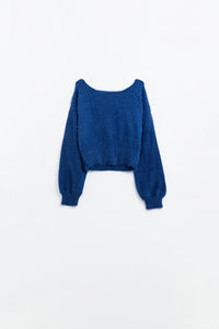 Q2 Women's Sweater One Size / Blue Cropped Fluffy Sweater In Navy Blue Fitted At The Waist