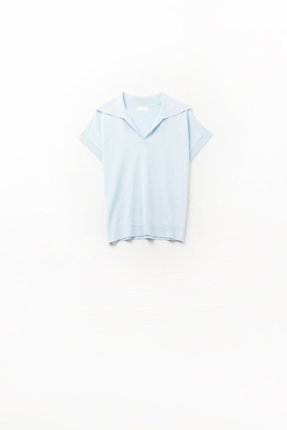 Q2 Women's Sweater One Size / Blue Fine Knit Polo-Style Short Sleeve Top In Baby Blue