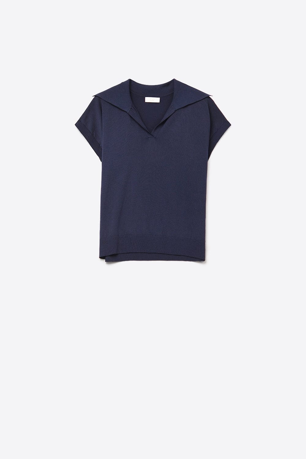 Q2 Women's Sweater One Size / Blue Fine Knit Polo-Style Short Sleeve Top In Navy