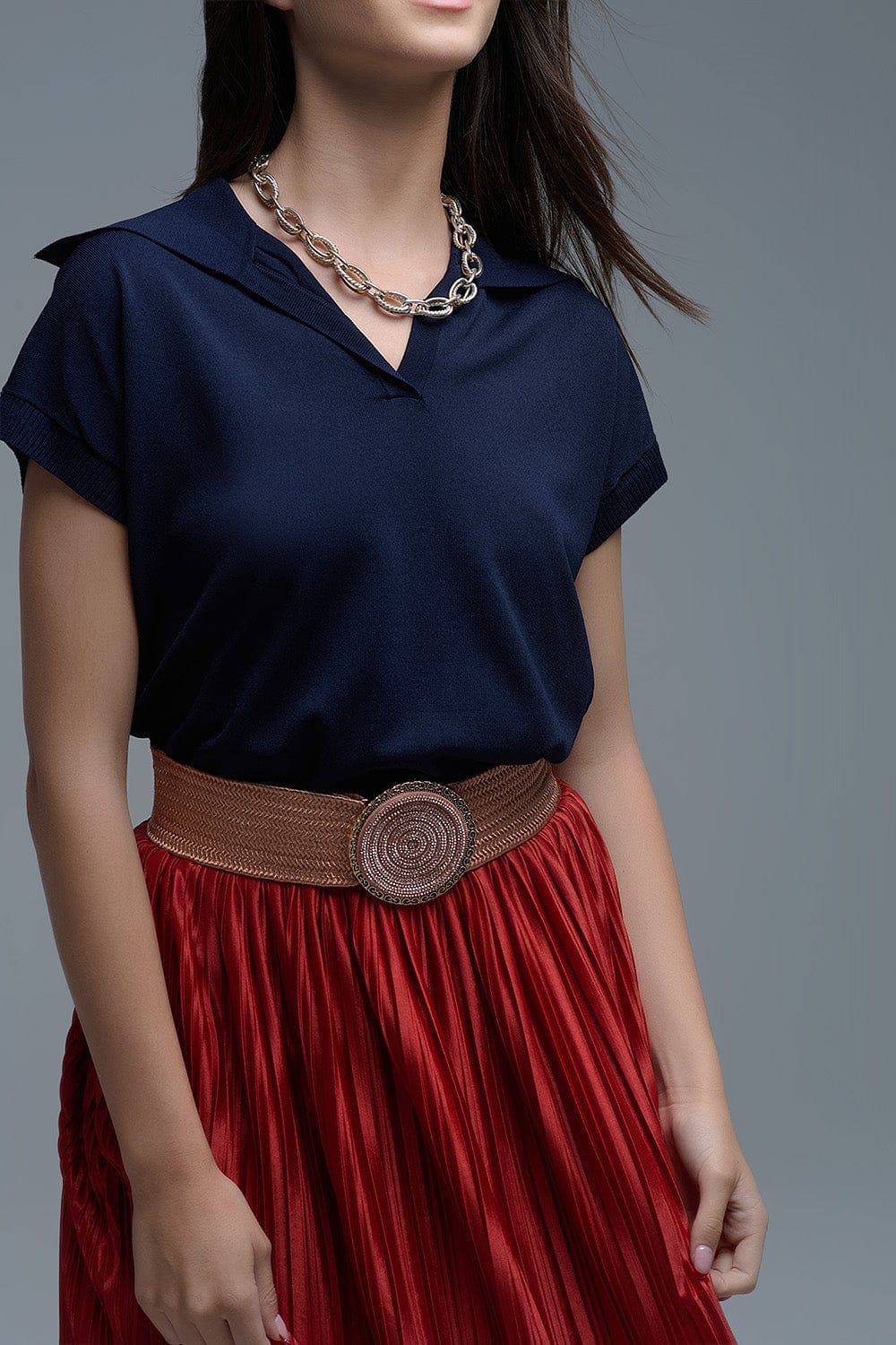 Q2 Women's Sweater One Size / Blue Fine Knit Polo-Style Short Sleeve Top In Navy