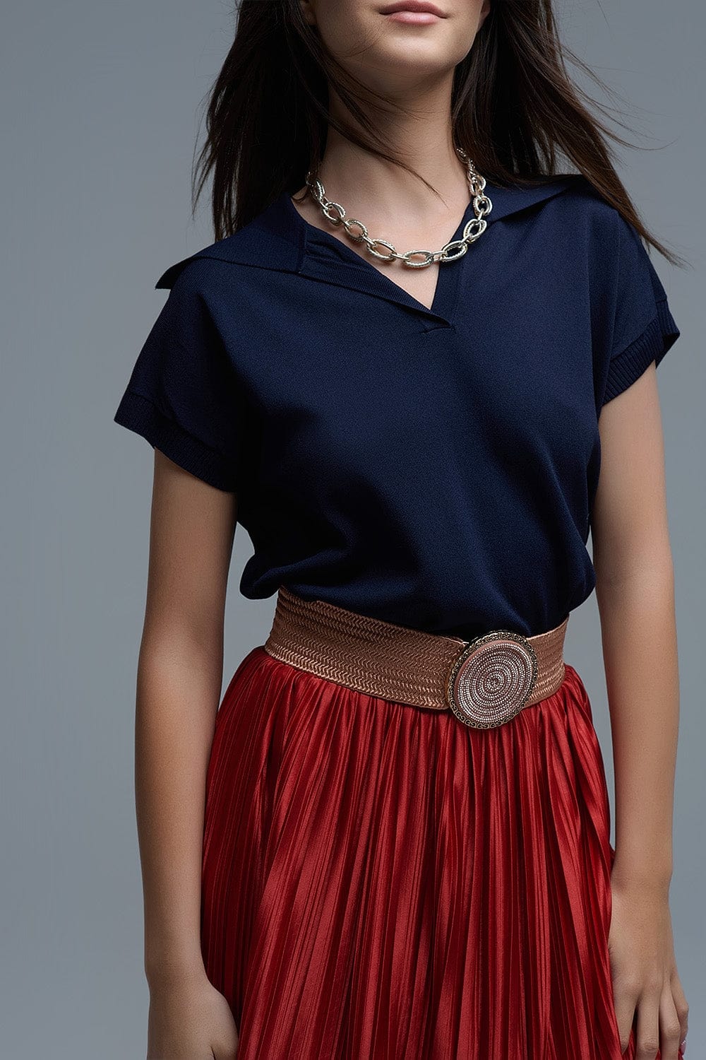 Q2 Women's Sweater One Size / Blue Fine Knit Polo-Style Short Sleeve Top In Navy