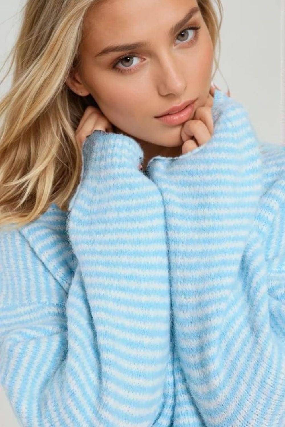 Q2 Women's Sweater One Size / Blue Fluffy Striped Sweater In Baby Blue