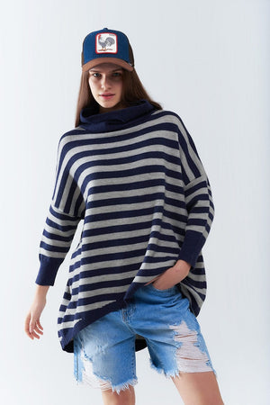 Q2 Women's Sweater One Size / Blue High Neck Oversized Sweater With Bat Wings And Stripes In Navy And Grey