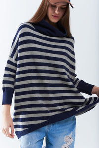 Q2 Women's Sweater One Size / Blue High Neck Oversized Sweater With Bat Wings And Stripes In Navy And Grey