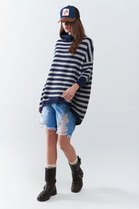 Q2 Women's Sweater One Size / Blue High Neck Oversized Sweater With Bat Wings And Stripes In Navy And Grey