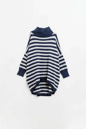 Q2 Women's Sweater One Size / Blue High Neck Oversized Sweater With Bat Wings And Stripes In Navy And Grey