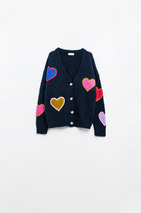 Q2 Women's Sweater One Size / Blue Navy Blue Knitted Cardigan With Embroidered Hearts