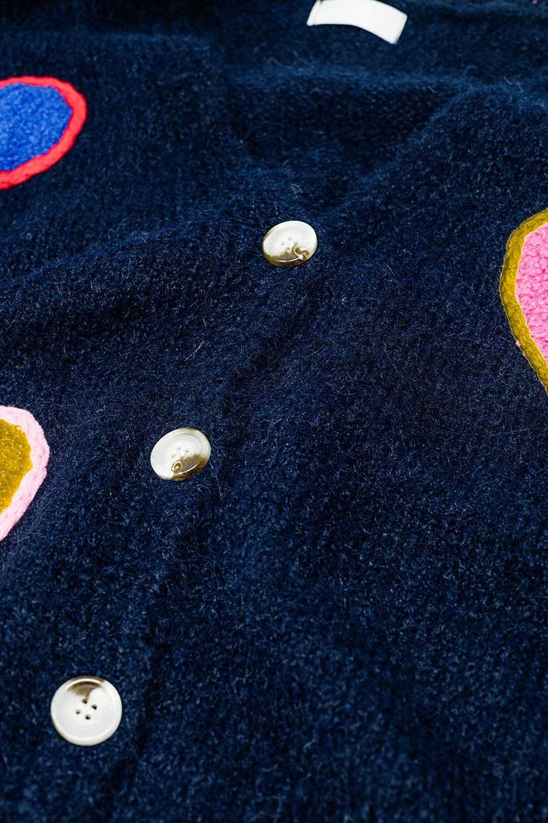 Q2 Women's Sweater One Size / Blue Navy Blue Knitted Cardigan With Embroidered Hearts