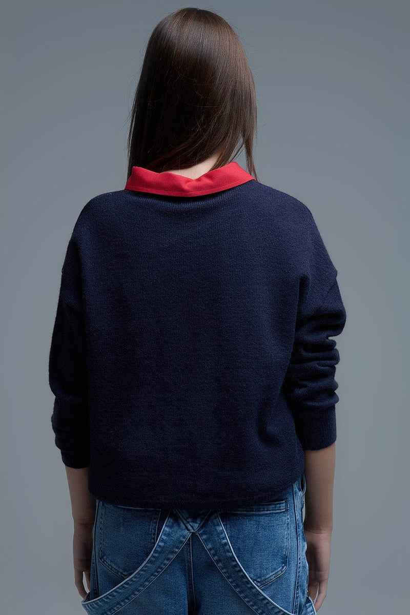 Q2 Women's Sweater One Size / Blue Navy Crew Neck Sweater With Multicolor Embroidered Hearts
