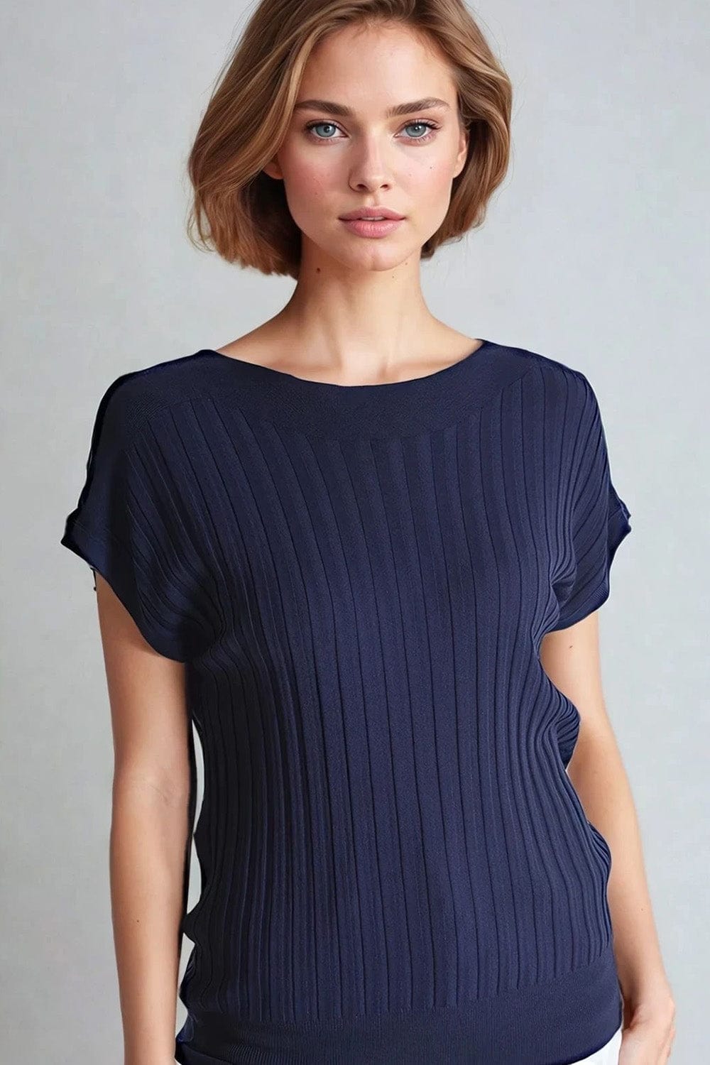 Q2 Women's Sweater One Size / Blue Navy Fine Rib Knitted Sweater With Boat Neck