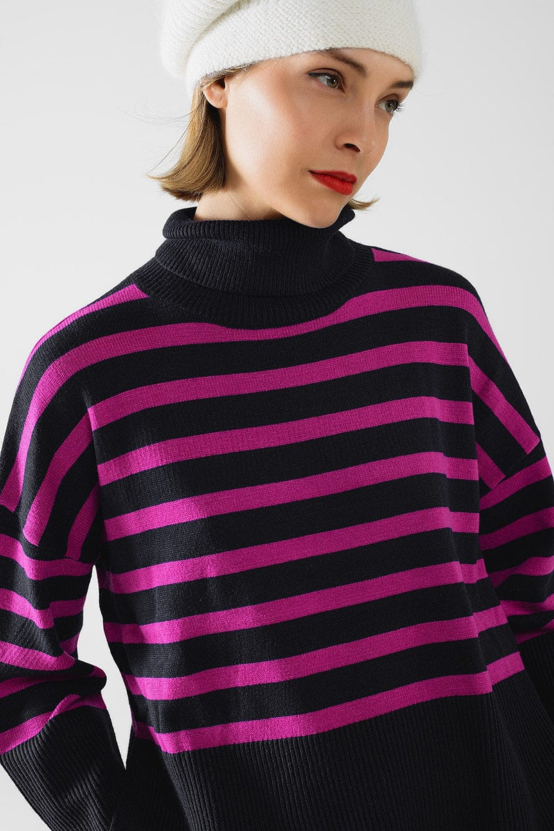 Q2 Women's Sweater One Size / Blue Navy Oversized Trutleneck Sweater With Fuchsia Stripes And Splits On The Side