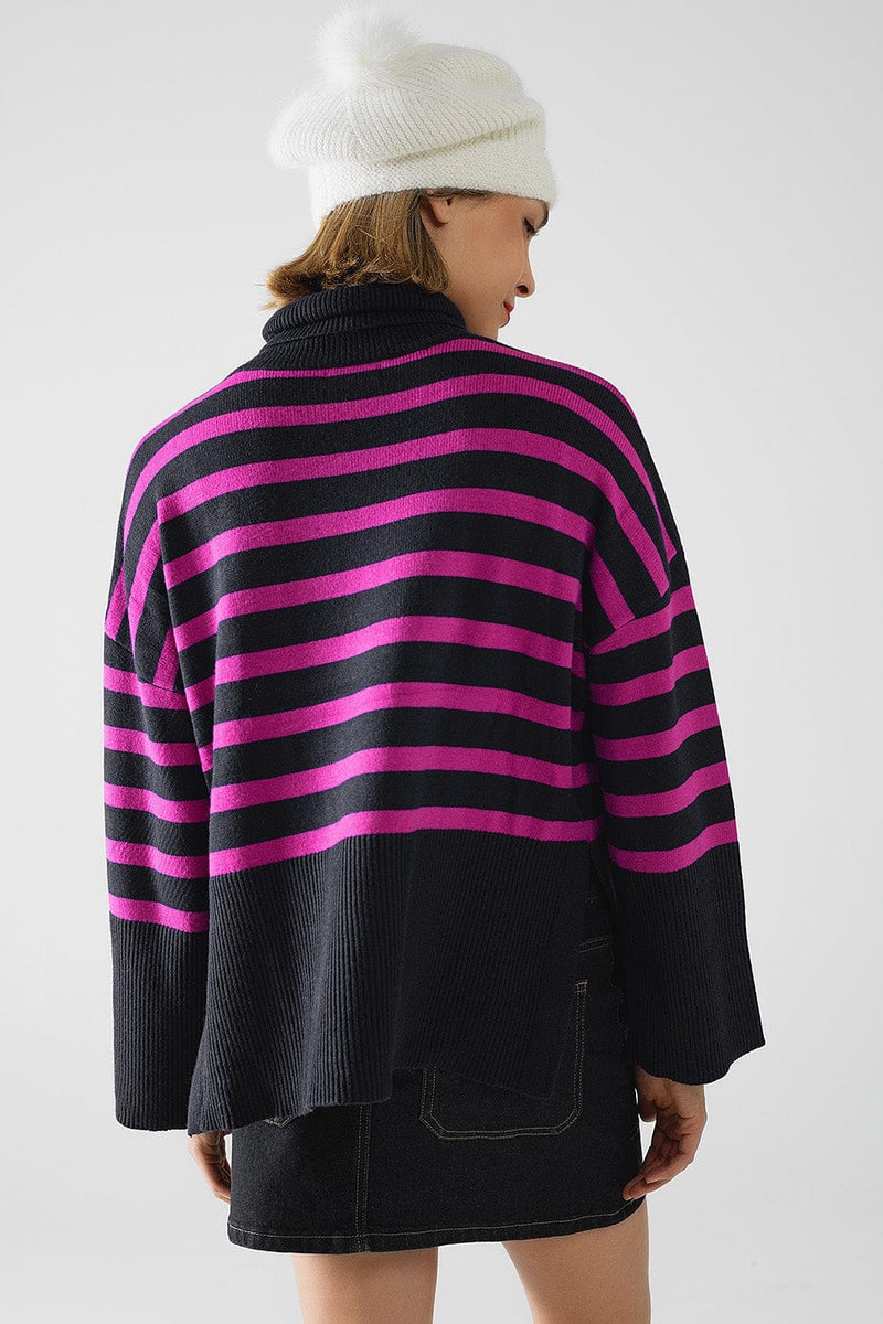 Q2 Women's Sweater One Size / Blue Navy Oversized Trutleneck Sweater With Fuchsia Stripes And Splits On The Side