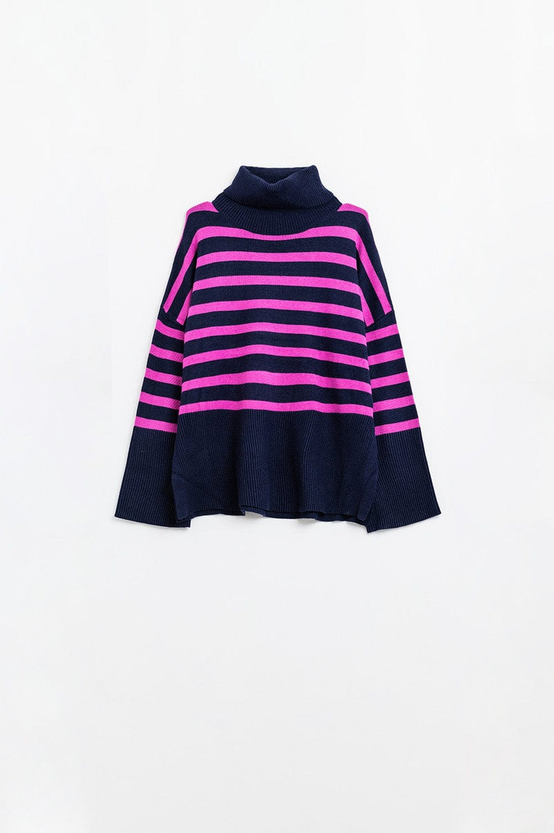 Q2 Women's Sweater One Size / Blue Navy Oversized Trutleneck Sweater With Fuchsia Stripes And Splits On The Side