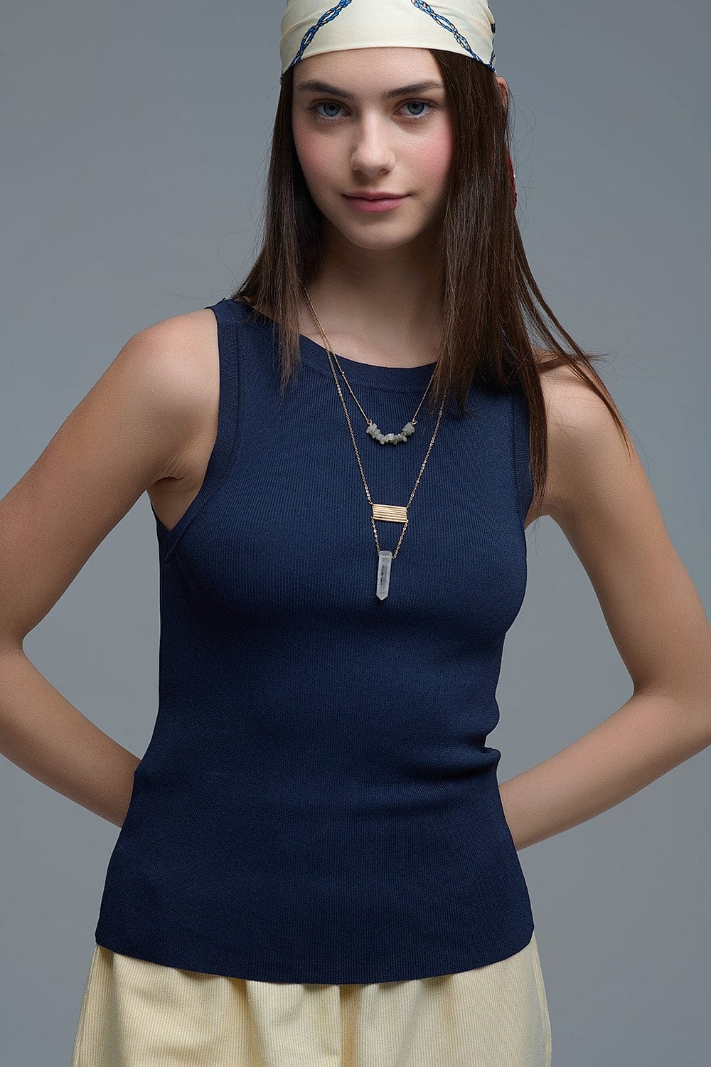 Q2 Women's Sweater One Size / Blue Navy Ribbed Fine Knit Sleeveless Top