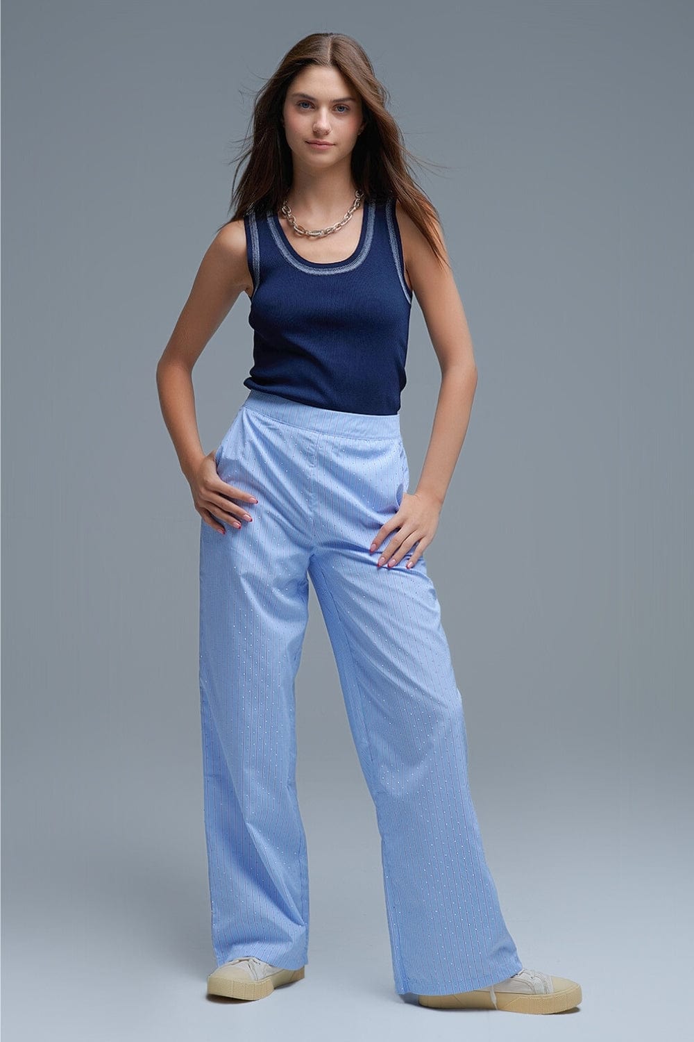 Q2 Women's Sweater One Size / Blue Navy Sleeveless Knit Top With Metallic Trim