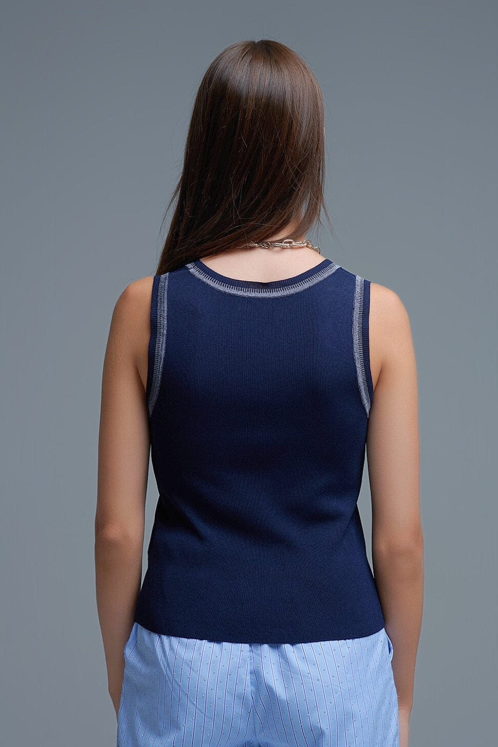 Q2 Women's Sweater One Size / Blue Navy Sleeveless Knit Top With Metallic Trim