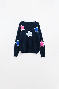 Q2 Women's Sweater One Size / Blue Navy Sweater With Embroidered Stars