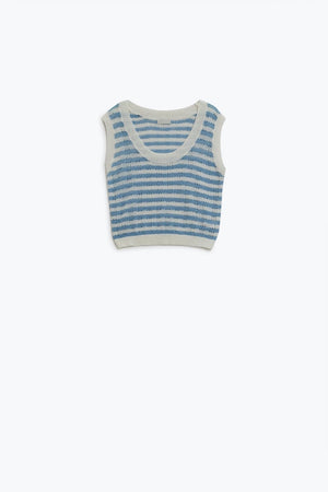 Q2 Women's Sweater One Size / Blue Open Knit Cropped Striped Sleeveless Sweater In Blue And White