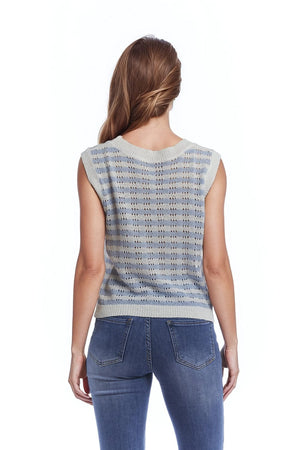 Q2 Women's Sweater One Size / Blue Open Knit Cropped Striped Sleeveless Sweater In Blue And White