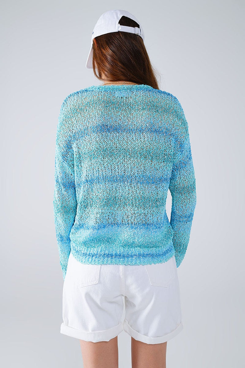 Q2 Women's Sweater One Size / Blue Open Knit Stripey Crew Neck Sweater In Shades Of Blue