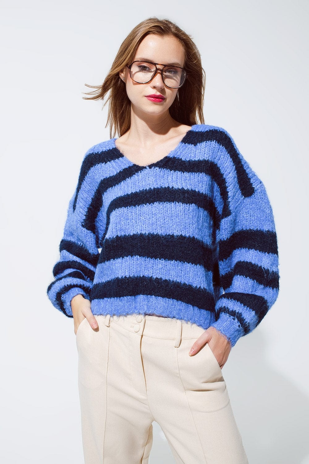 Q2 Women's Sweater One Size / Blue Oversized Blue Stripy Fluffy Sweater With Balloon Sleeves