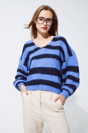 Q2 Women's Sweater One Size / Blue Oversized Blue Stripy Fluffy Sweater With Balloon Sleeves