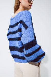 Q2 Women's Sweater One Size / Blue Oversized Blue Stripy Fluffy Sweater With Balloon Sleeves