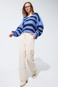 Q2 Women's Sweater One Size / Blue Oversized Blue Stripy Fluffy Sweater With Balloon Sleeves