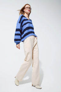 Q2 Women's Sweater One Size / Blue Oversized Blue Stripy Fluffy Sweater With Balloon Sleeves