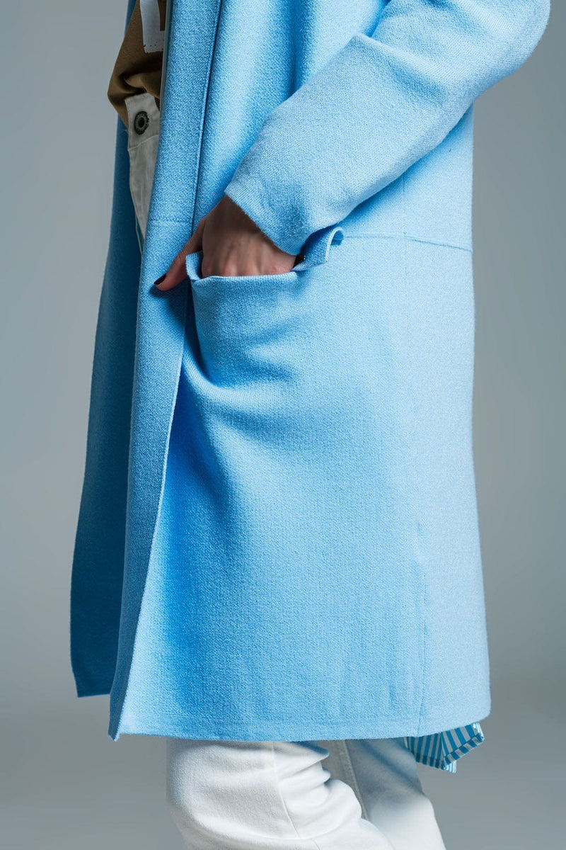 Q2 Women's Sweater One Size / Blue Oversized Collar Maxi Cardigan In Baby Blue