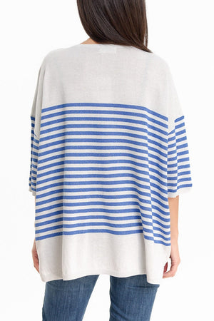 Q2 Women's Sweater One Size / Blue Oversized Grey Sweater With Blue Stripes And V-Neck