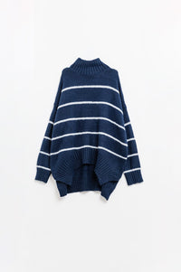 Q2 Women's Sweater One Size / Blue Oversized Navy Sweater With White Stripes