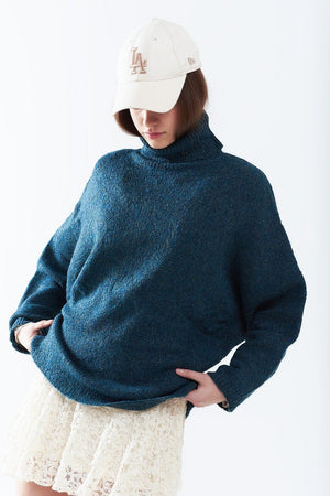 Q2 Women's Sweater One Size / Blue Oversized Sweater In Teal With A High Neck And Loose Sleeves