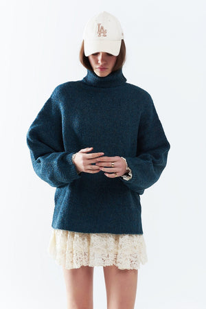 Q2 Women's Sweater One Size / Blue Oversized Sweater In Teal With A High Neck And Loose Sleeves