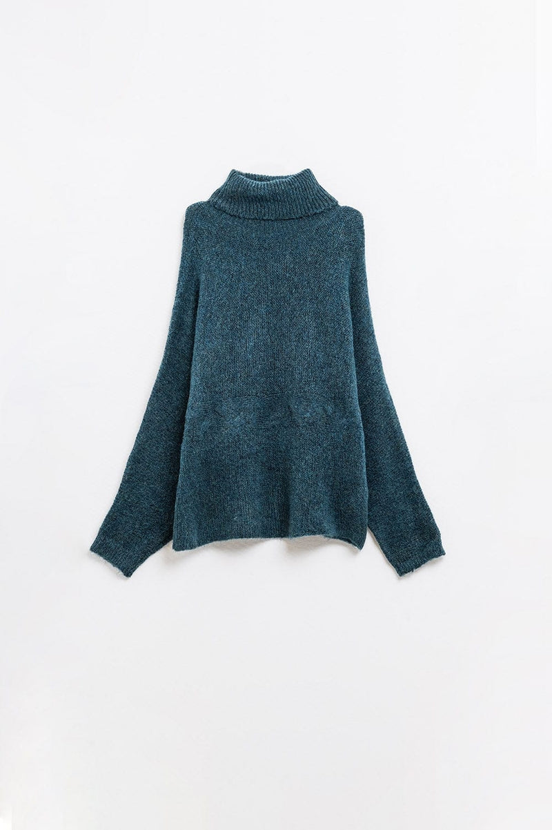 Q2 Women's Sweater One Size / Blue Oversized Sweater In Teal With A High Neck And Loose Sleeves