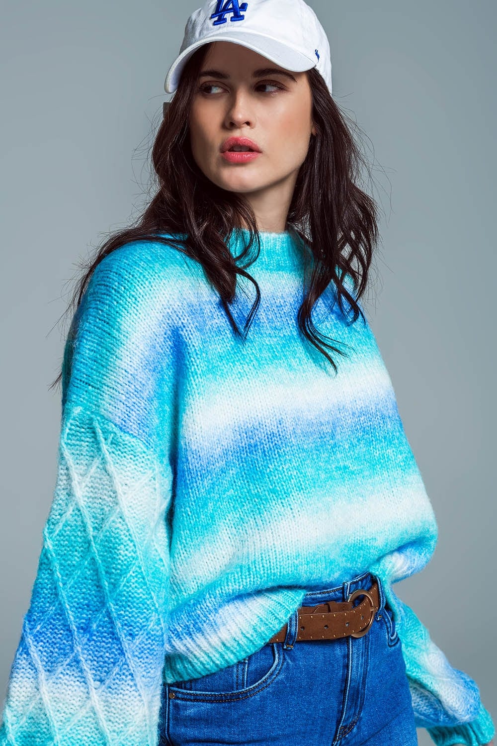 Q2 Women's Sweater One Size / Blue Relaxed Sweater With Ombre Print In Shades Of Blue And Argyle Print At The Sleeves