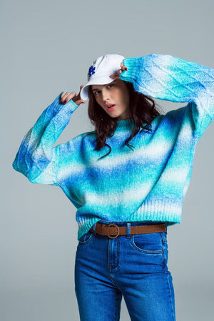 Q2 Women's Sweater One Size / Blue Relaxed Sweater With Ombre Print In Shades Of Blue And Argyle Print At The Sleeves